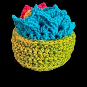 Hand Crafted Crochet Basket with Colorful Coasters